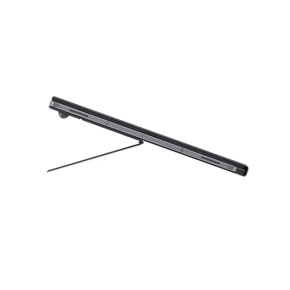 Beyaz arka planda açılı duran koyu renk tablet.