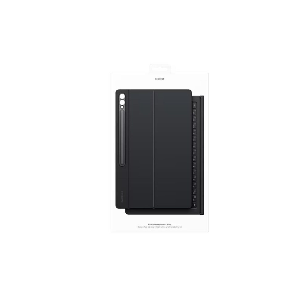 Beyaz arka plan üzerinde S Pen tutuculu siyah Samsung tablet klavye kılıfı.