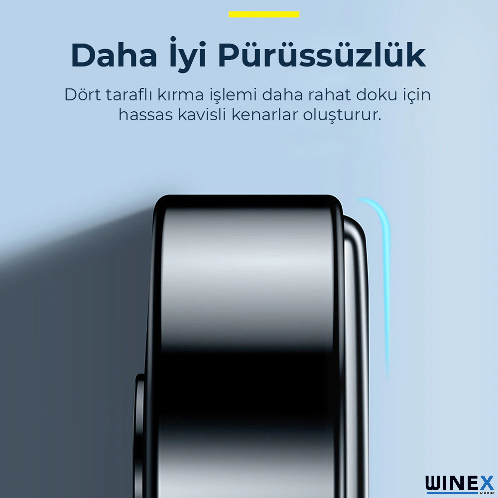 Mavi vurgular ve metin içeren siyah, parlak nesnenin yakın çekimi.