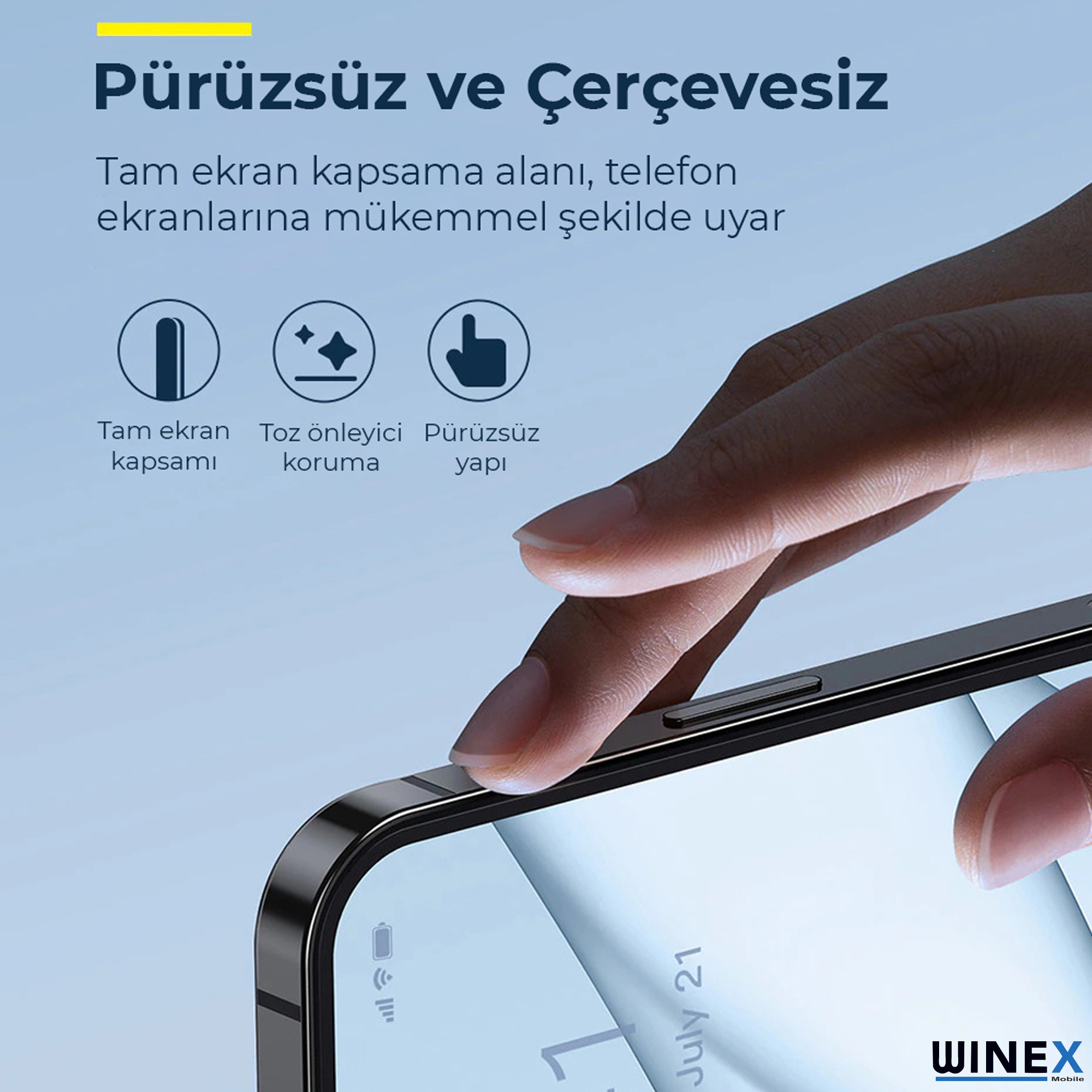 Bir el akıllı telefona ekran koruyucu takıyor. İkonlar: tam kaplama, toz koruması, pürüzsüz yüzey.