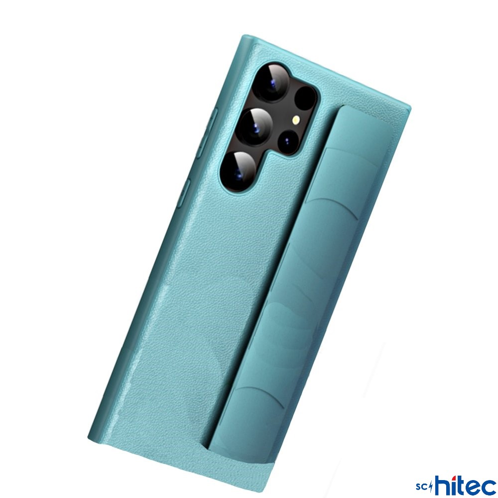 Yerleşik standlı, dokulu, teal renkli akıllı telefon kılıfı.