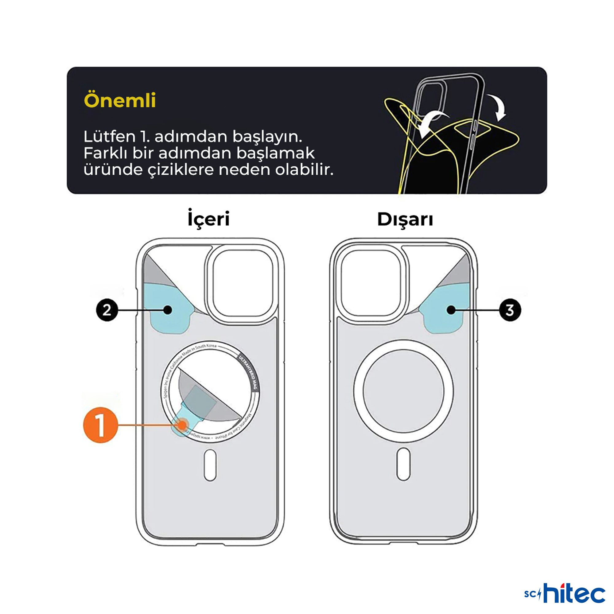 Telefon kılıfı takma talimatları, 1, 2 ve 3 işaretli.