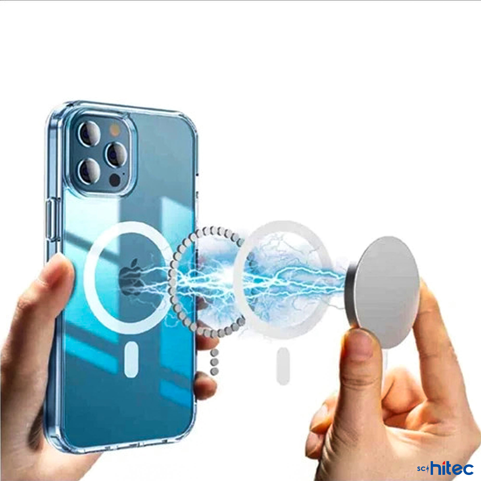 Kılıflı bir telefon ve şimşek efektli manyetik şarj cihazı.