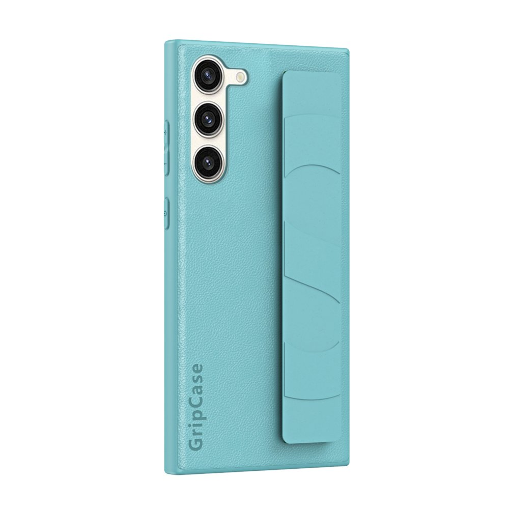 Üç kamera lensli ve tutma bandlı turkuaz telefon kılıfı.