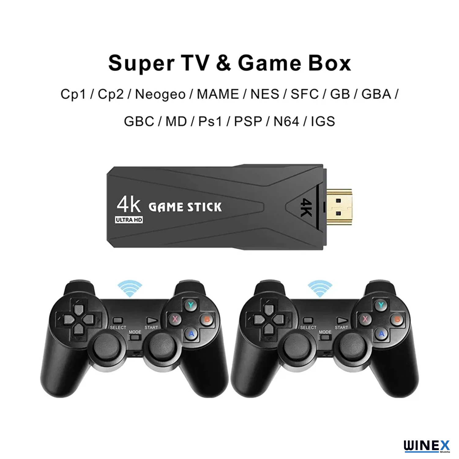 Siyah bir 4K oyun çubuğu ve mavi sinyal simgeli iki siyah kablosuz oyun kumandası.
