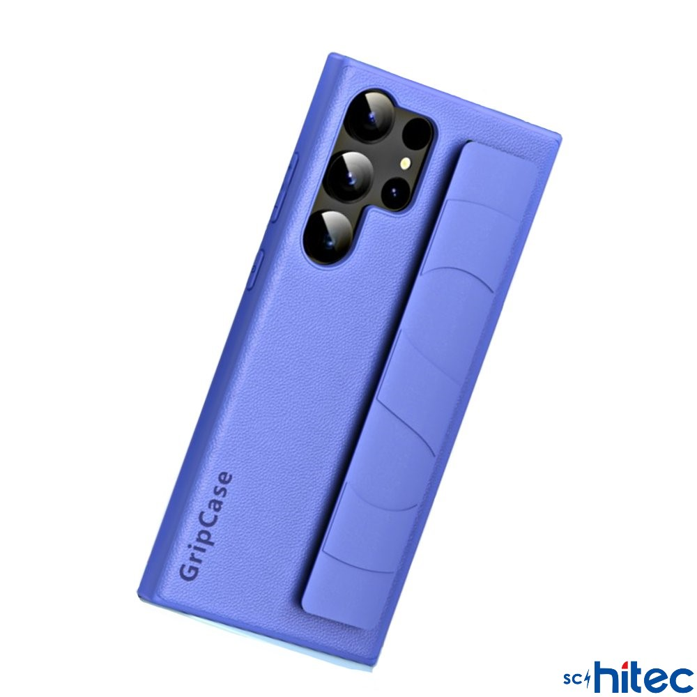 Kamera dizilimli mor telefon kılıfı ve tutma şeridi.