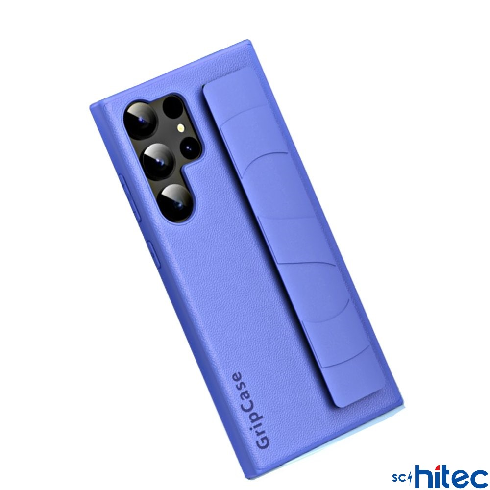 Kameralı mor telefon kılıfı ve tutma bandı. Hitech logosu sağ altta.