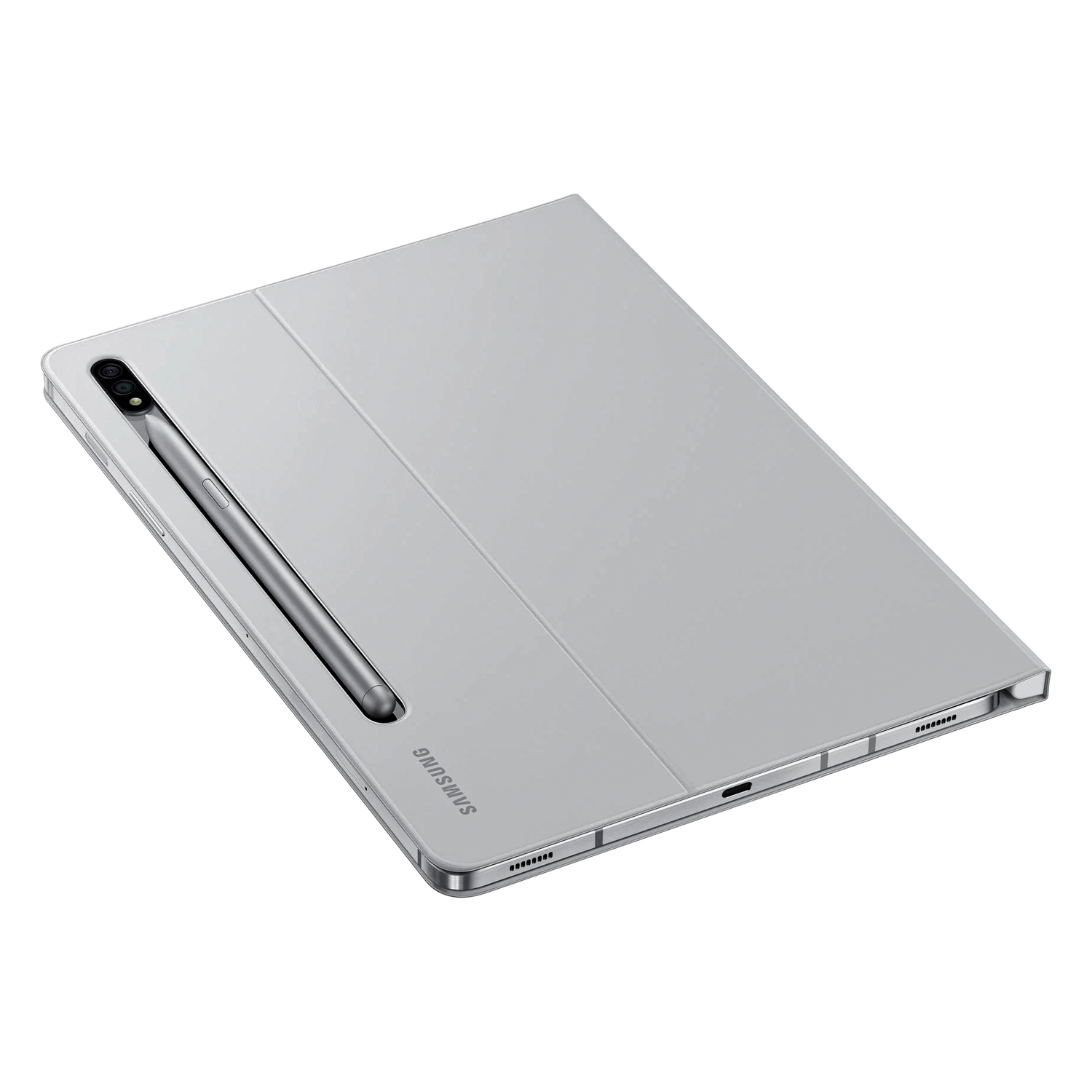 Gümüş renkli Samsung tablet, kılıfı ve kalemi ile hafif açılı gösteriliyor.