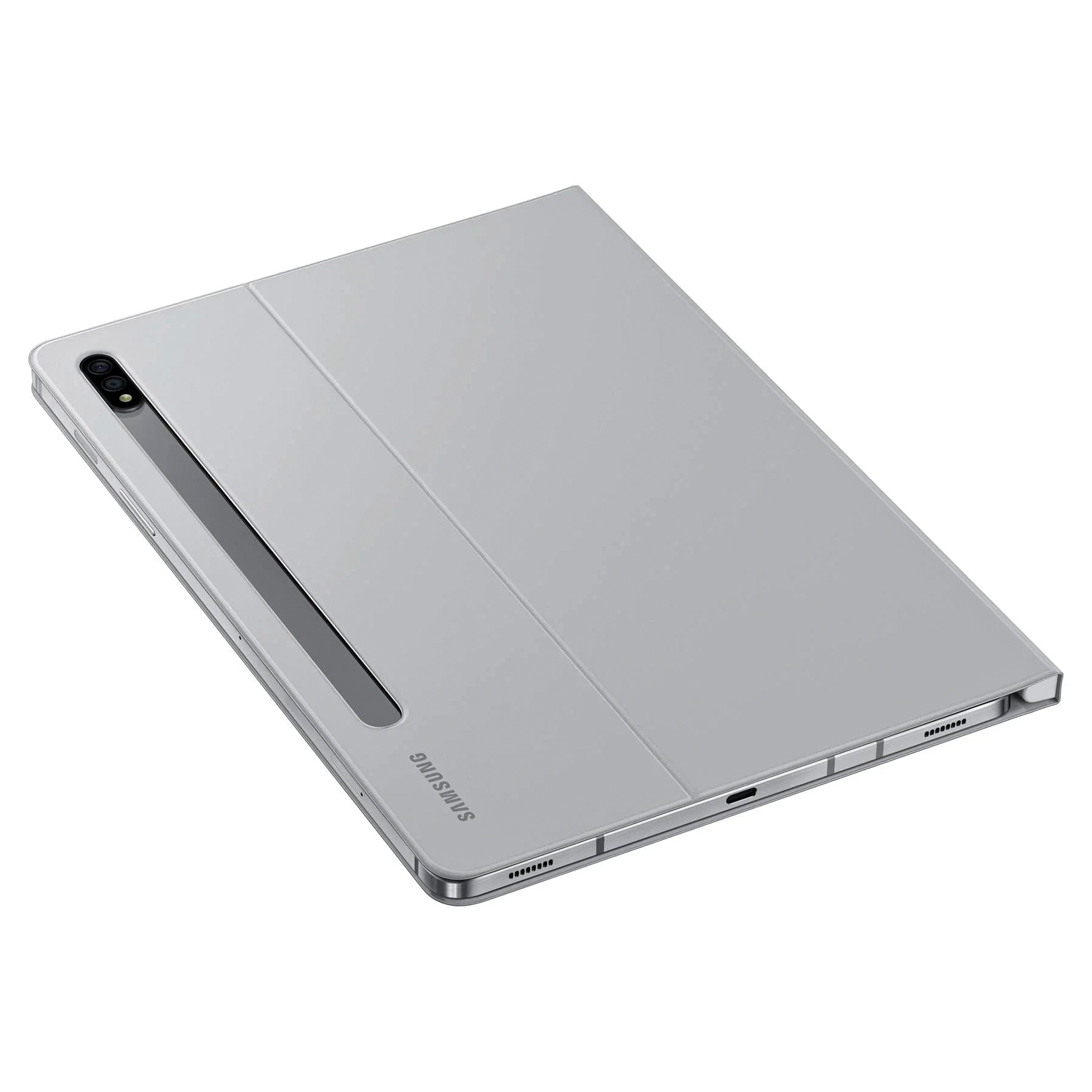Gümüş renkli Samsung tablet kılıfıyla birlikte beyaz zeminde duruyor.