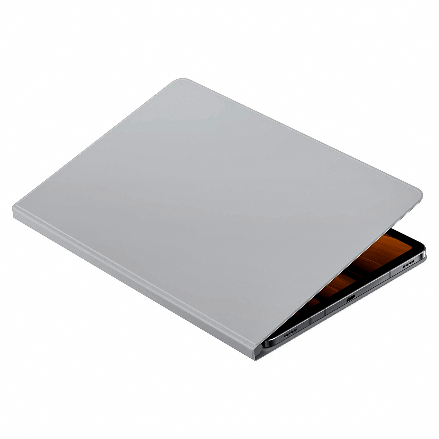 Kapalı bir tableti olan gri tablet, beyaz zeminde duruyor.