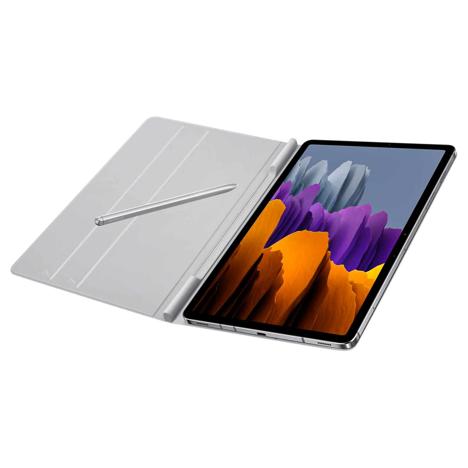 Renkli bir arka plan gösteren, kalemli ve açık kapaklı gümüş tablet.