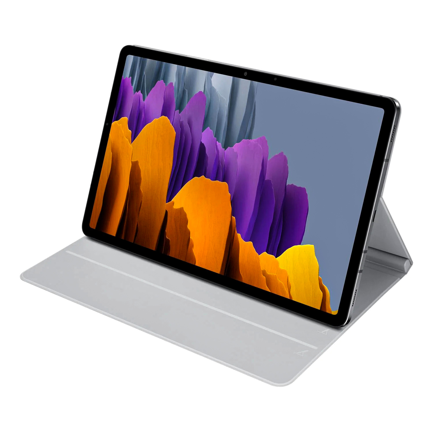 Standlı, renkli duvar kağıdına sahip gümüş tablet.