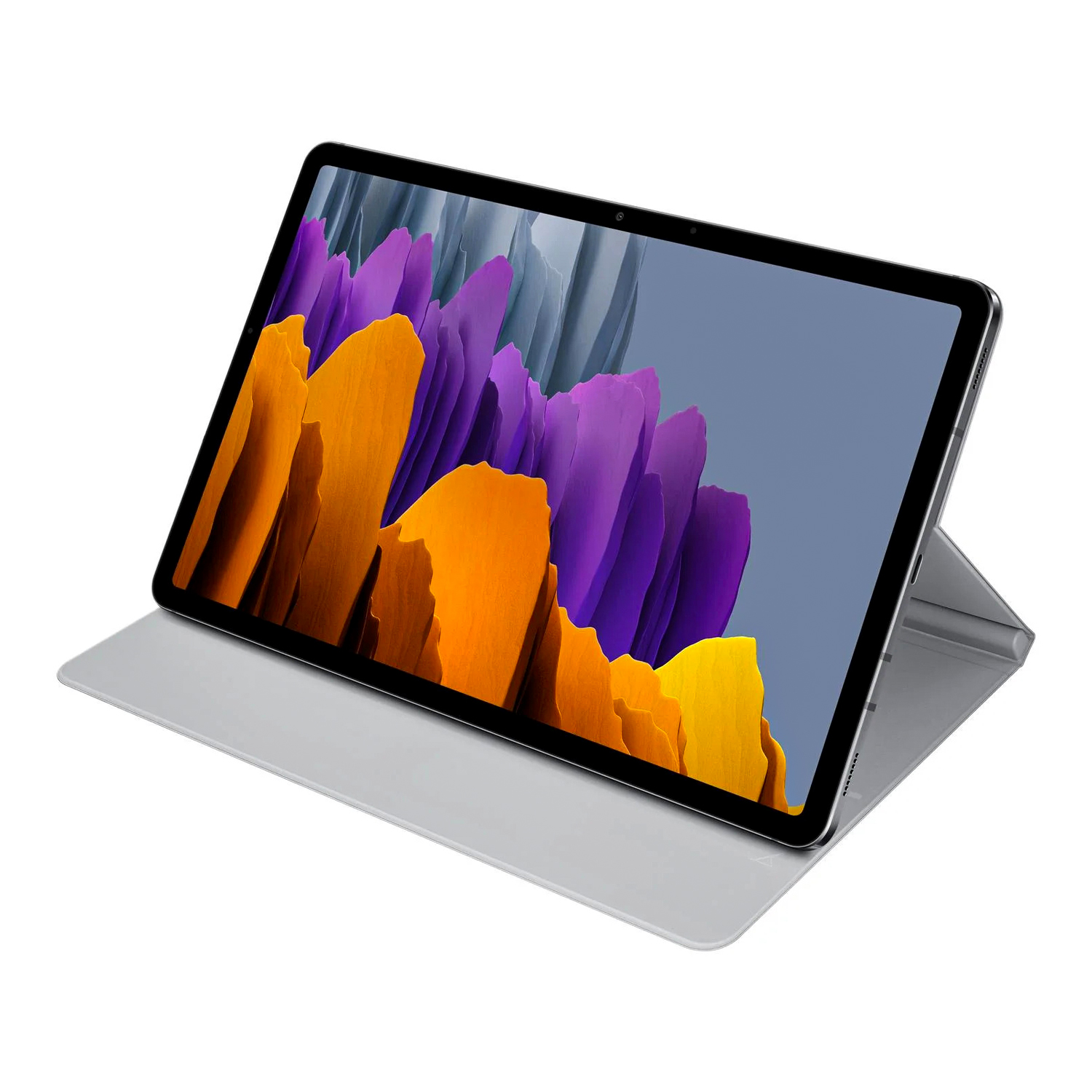 Gümüş renkli tablet, renkli duvar kağıdı ve stant üzerinde.