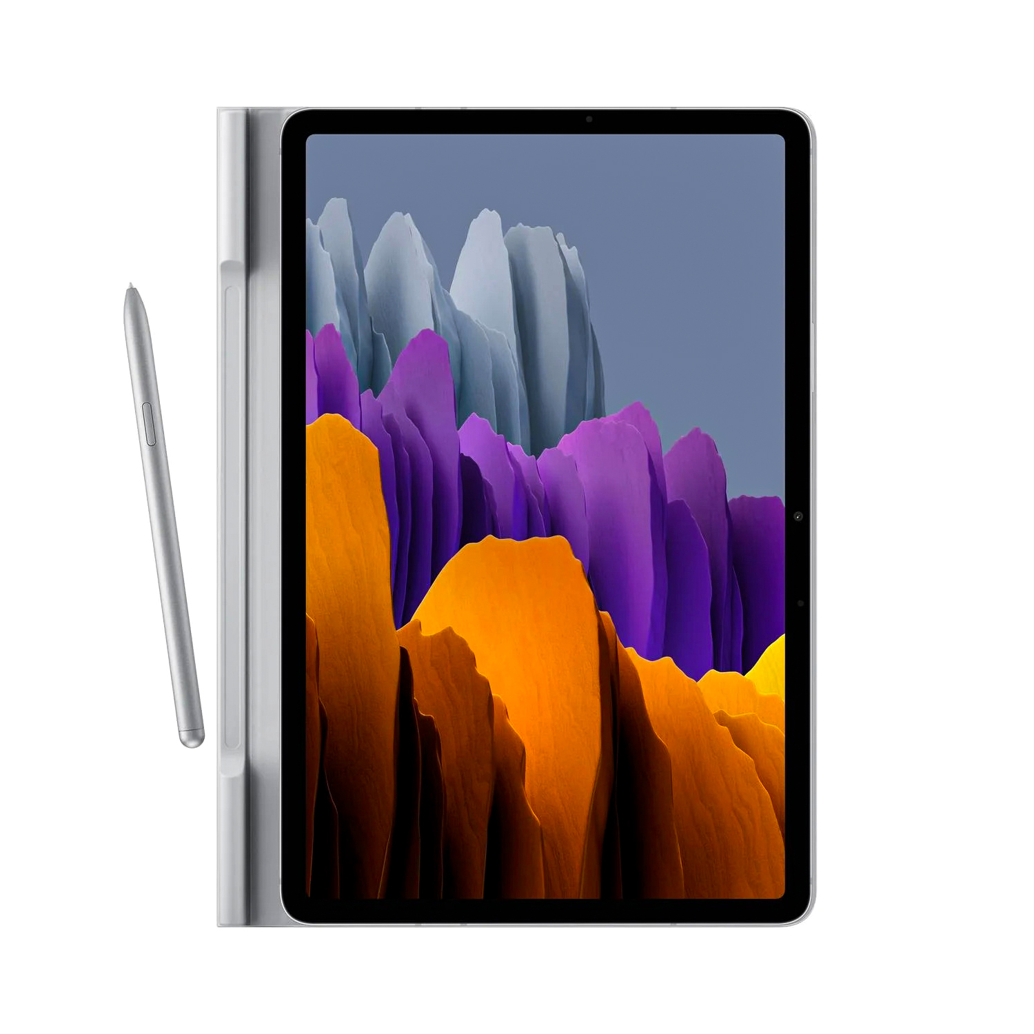 Gümüş tablet, mor ve turuncu soyut kaya oluşumlarını gösteren kalemli.