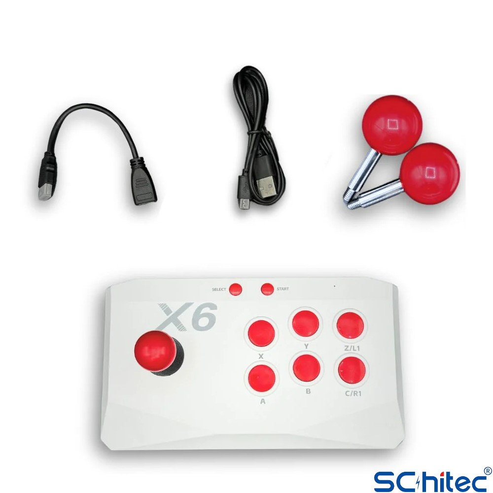 Kırmızı düğmeli ve kablolu beyaz bir arcade joystick oyun kumandası.