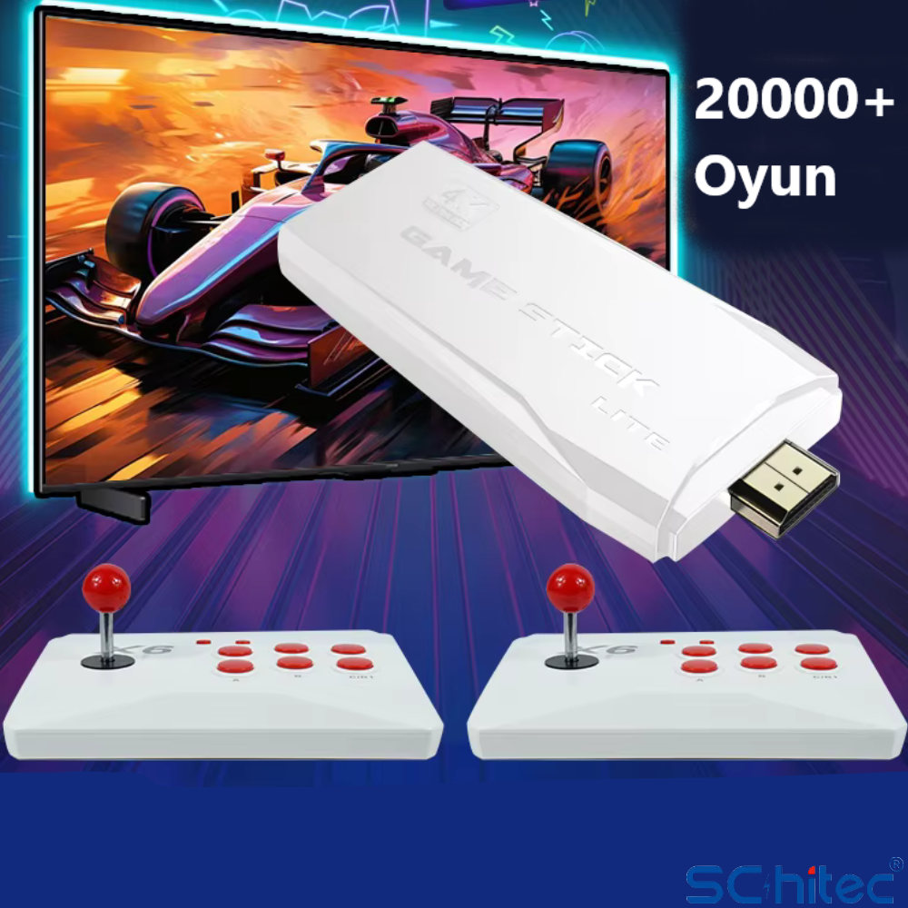 Yarış oyunu gösteren TV önünde joystickli beyaz oyun çubuğu lite.