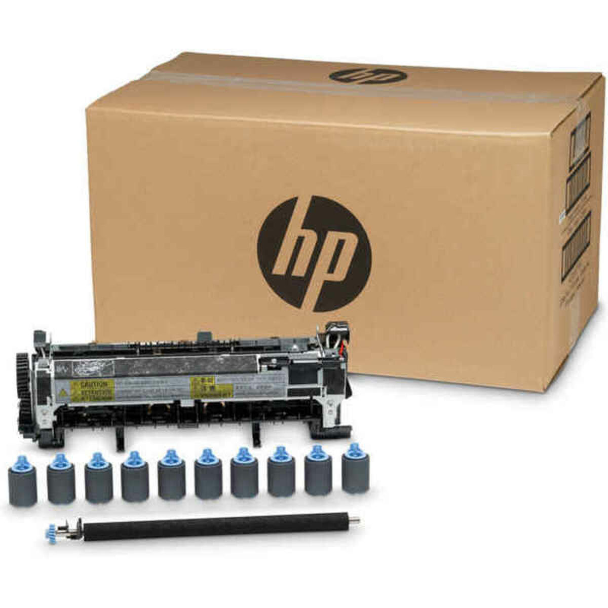 Caja HP con pieza de impresora y rodillos. Vista detallada.