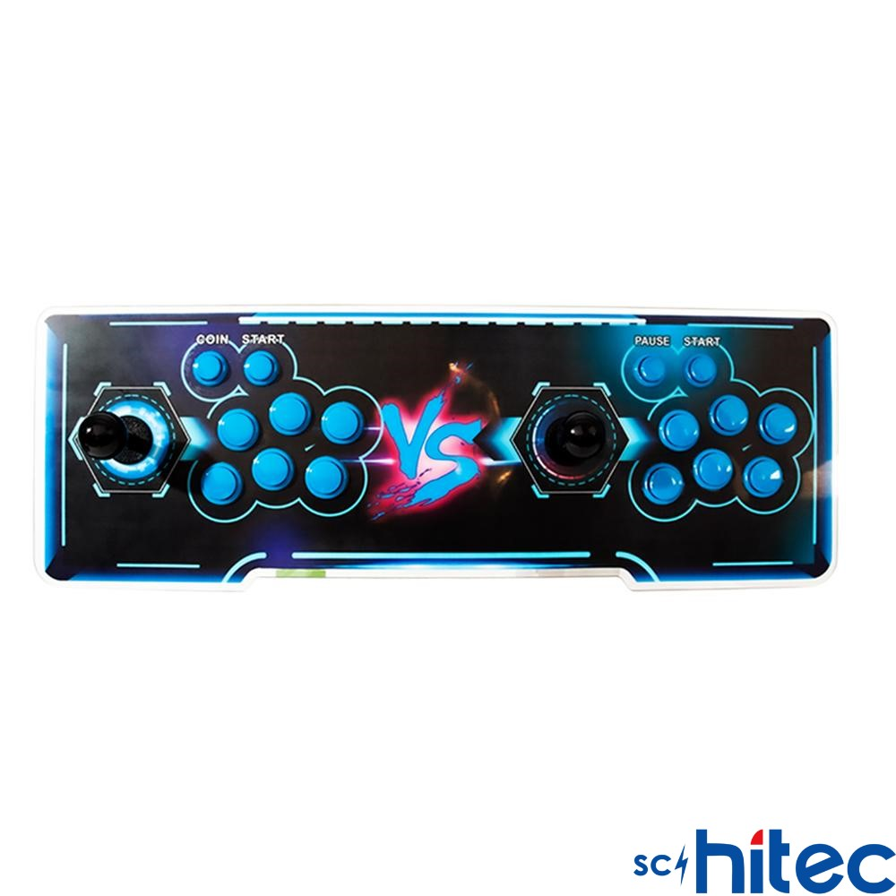 Mavi düğmeli, joystickli ve 'VS' logolu arcade dövüş çubuğu. Beyaz arka plan.