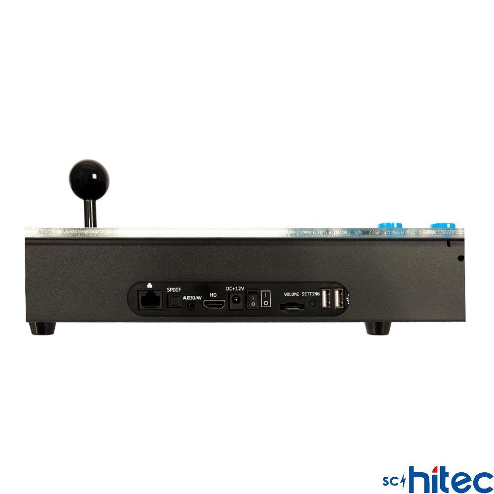 Bağlantı noktalarına sahip siyah arcade joystick: SPDIF, AUDIO/AV, HD, DC+12V, ses ve USB.