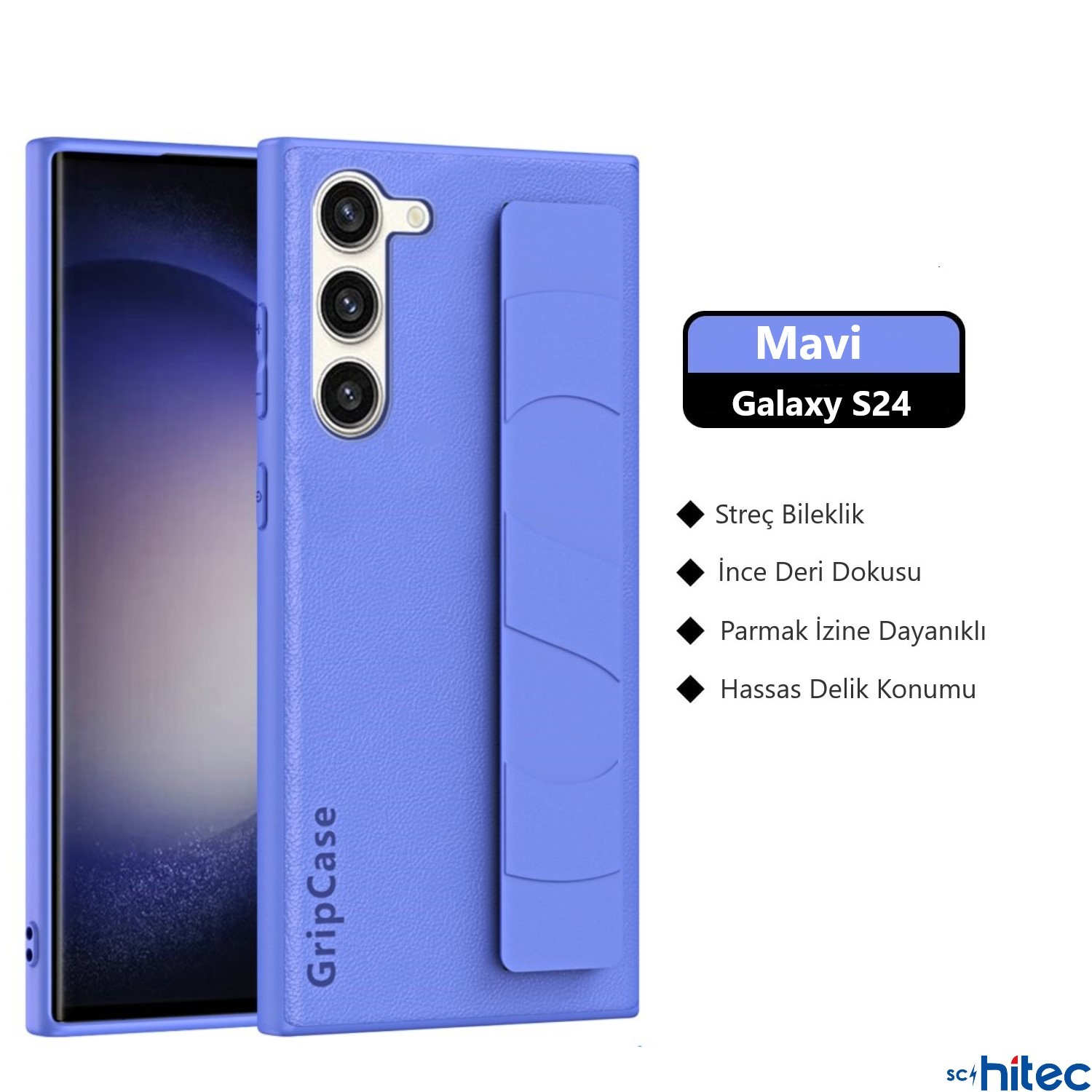 Mor bir GripCase kılıfı ile mor Samsung Galaxy S24 telefon. Özellikler listelenmiş.