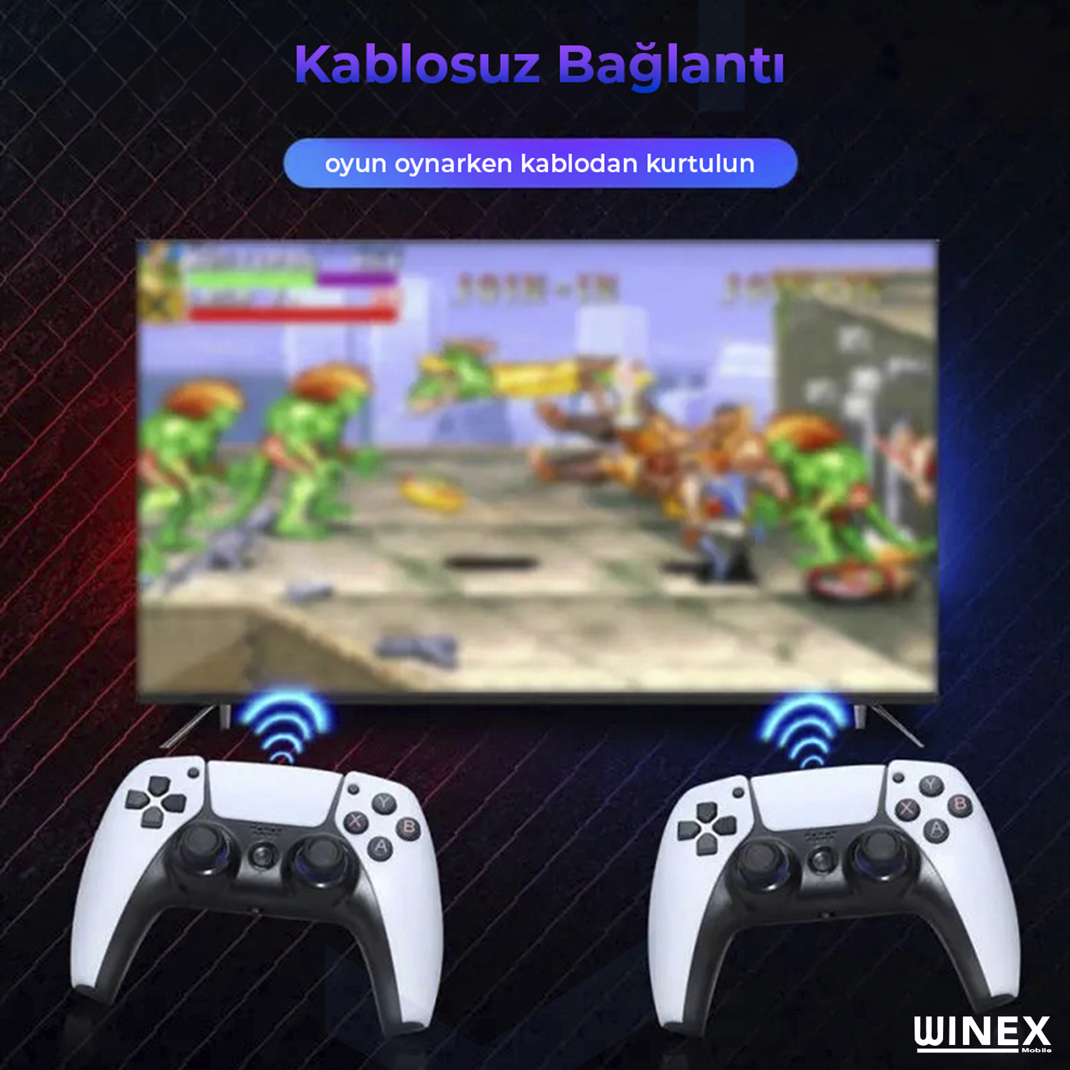 İki beyaz oyun kumandası, video oyunu oynanan bir televizyona kablosuz bağlanıyor.