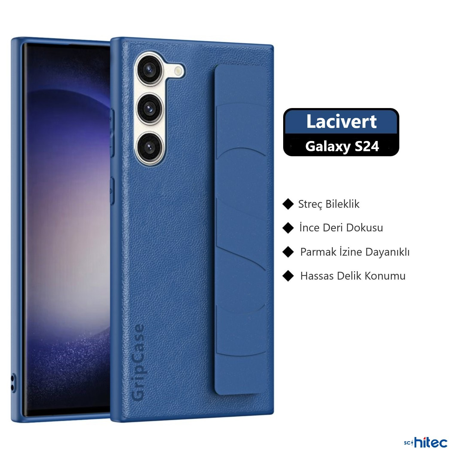 Mavi Samsung Galaxy S24 telefon, mavi deri kılıfıyla birlikte. Türkçe metin.