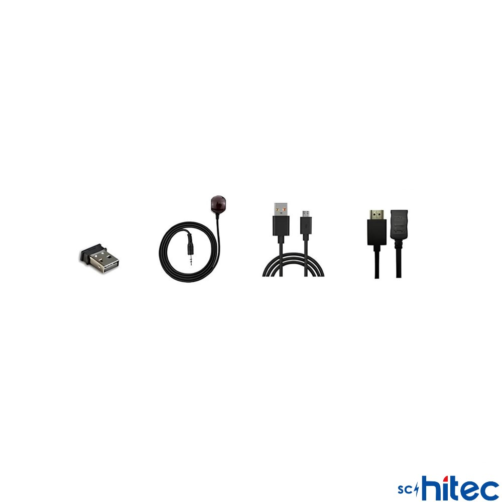 USB adaptörü, IR yayıcı kablo, USB - Micro USB kablosu, HDMI kablosu.