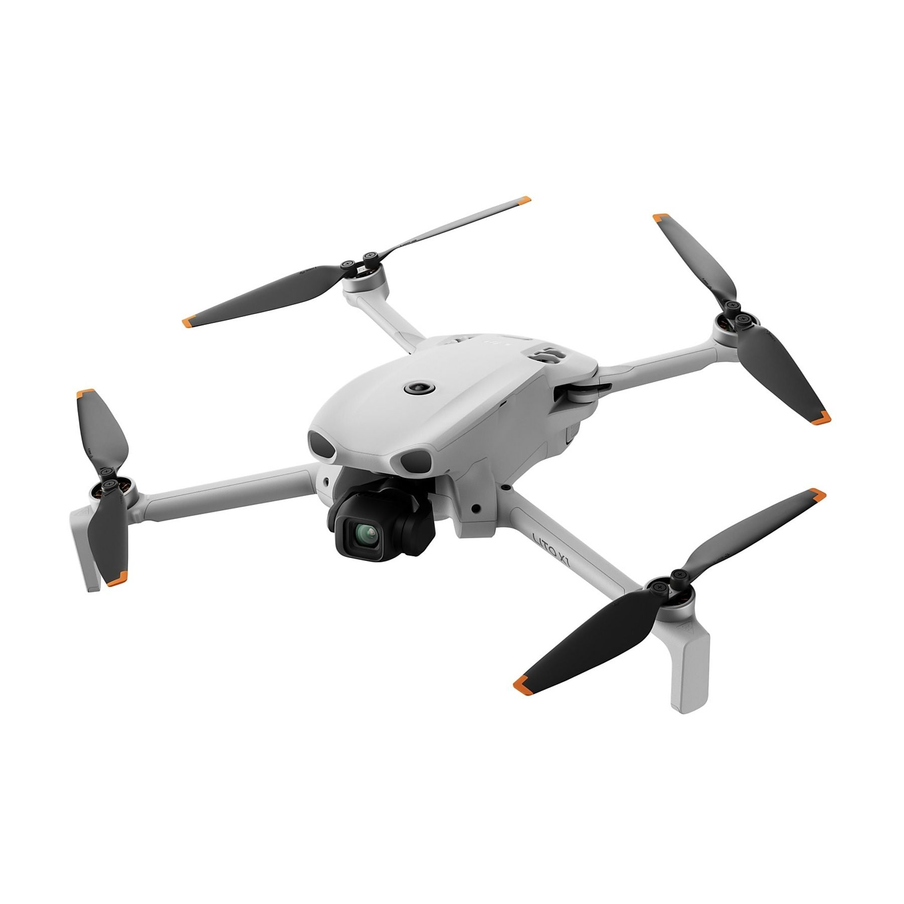 Un dron cuadricóptero gris ligero con cardán y cámara negros.