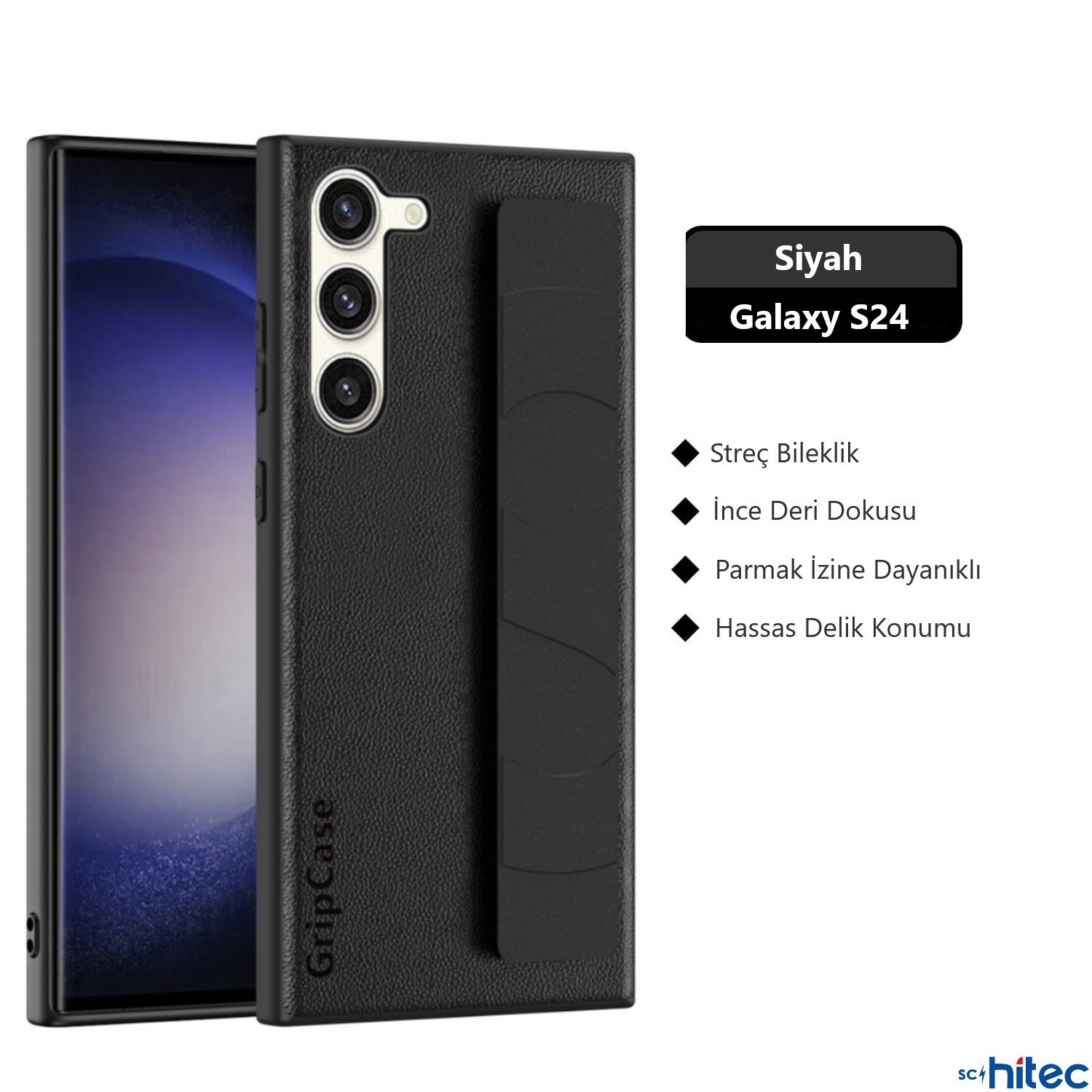 Siyah Samsung Galaxy S24 kılıfı kamera kesimi ve tutma bandı.