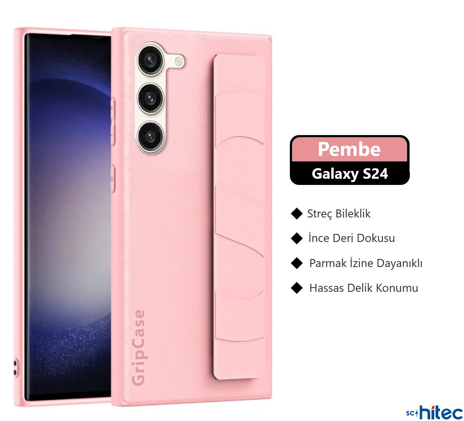 Pembe Samsung Galaxy S24 telefon, kılıf ve metin ile.