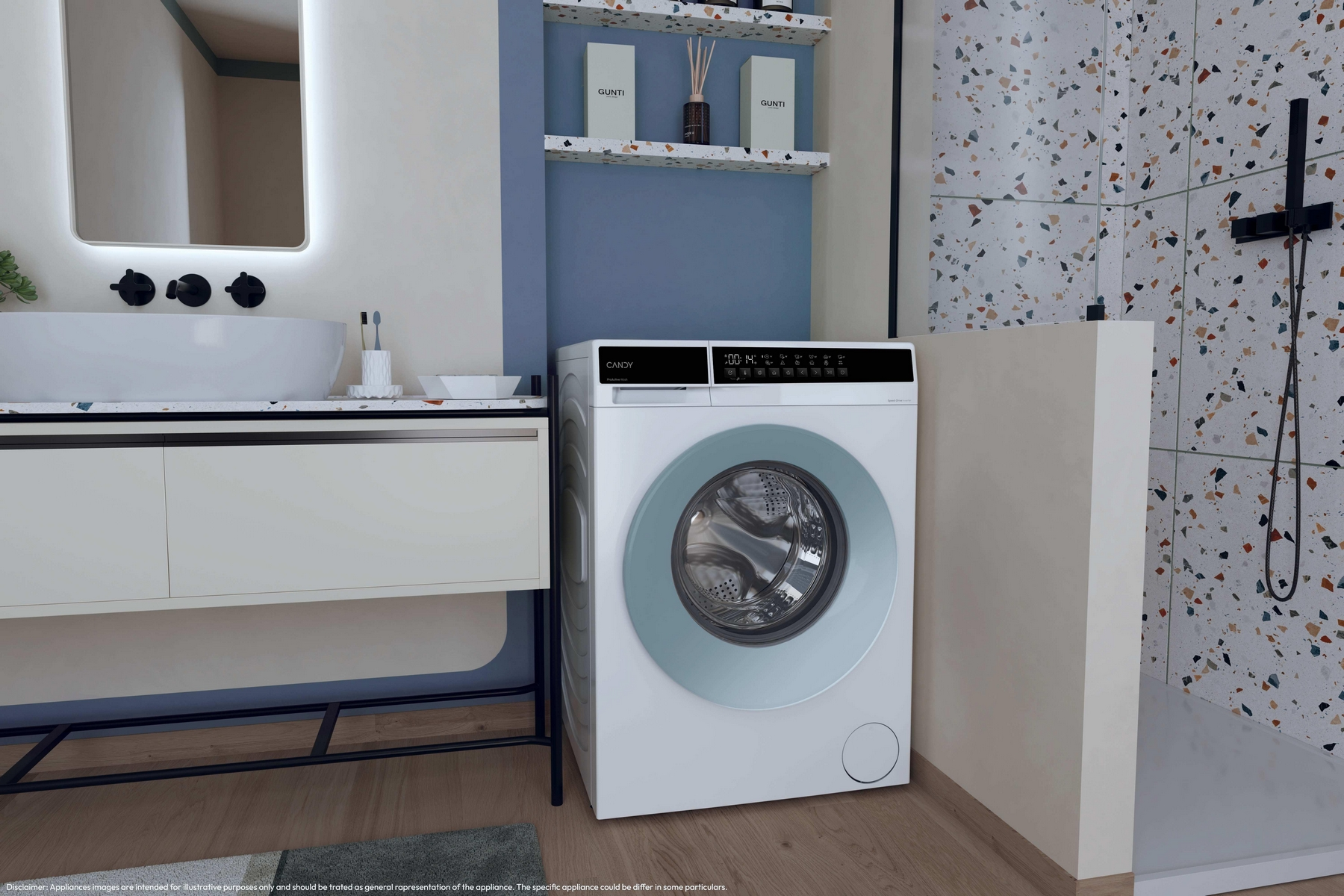 Una lavatrice bianca si trova accanto a un lavandino in un bagno moderno.
