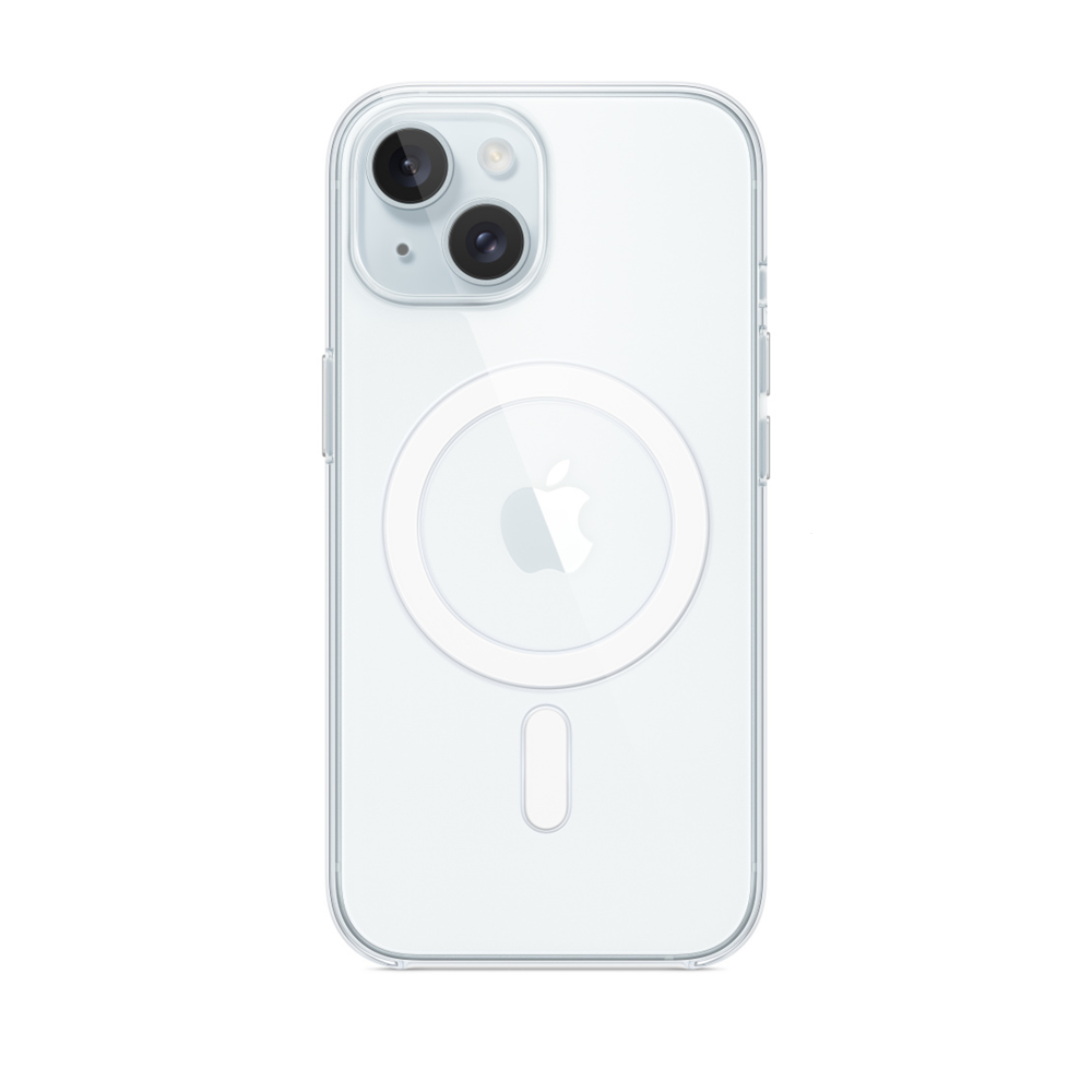 Apple logosu ve manyetik halkası olan şeffaf telefon kılıfı.