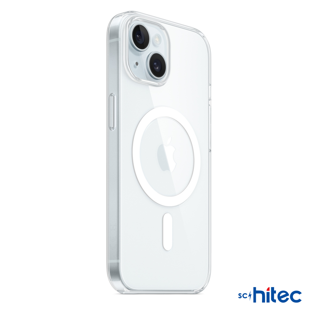 Apple logosu ve manyetik halkası olan şeffaf telefon kılıfı.