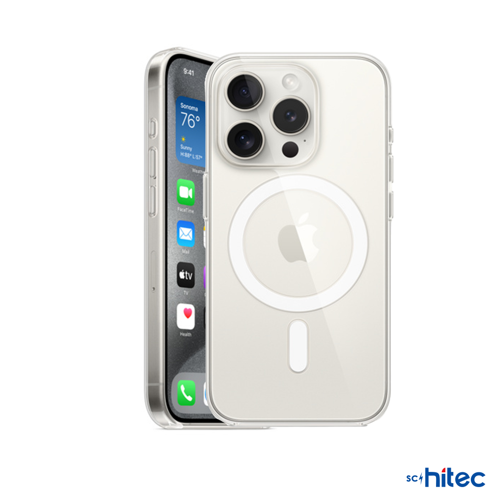 Hava durumu uygulamasını gösteren bir iPhone üzerinde MagSafe'li şeffaf telefon kılıfı.