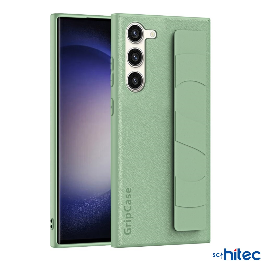 Kameralı ve tutma bantlı yeşil telefon kılıfı. Beyaz arka plan.