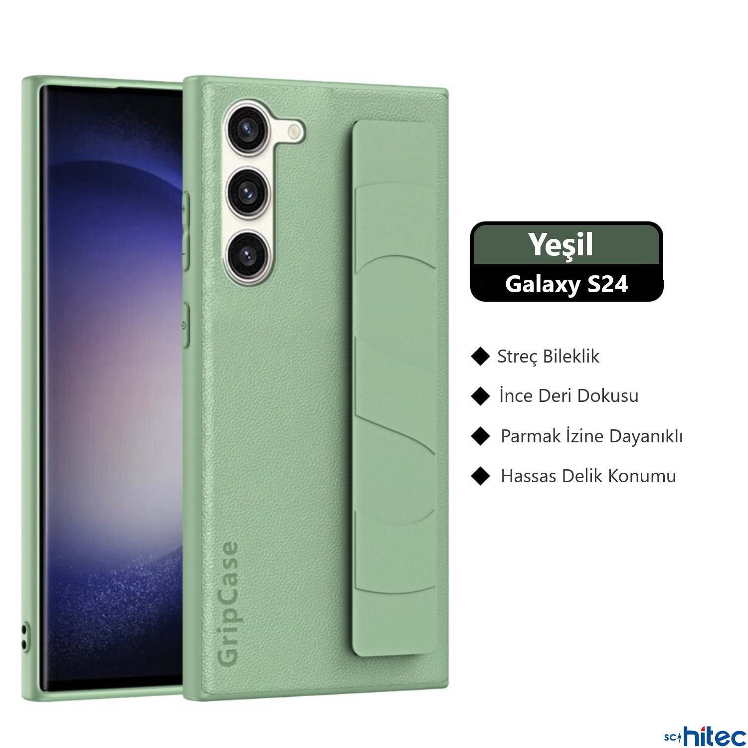 Kamera kesimli ve tutamaçlı yeşil telefon kılıfı. Galaxy S24 için.