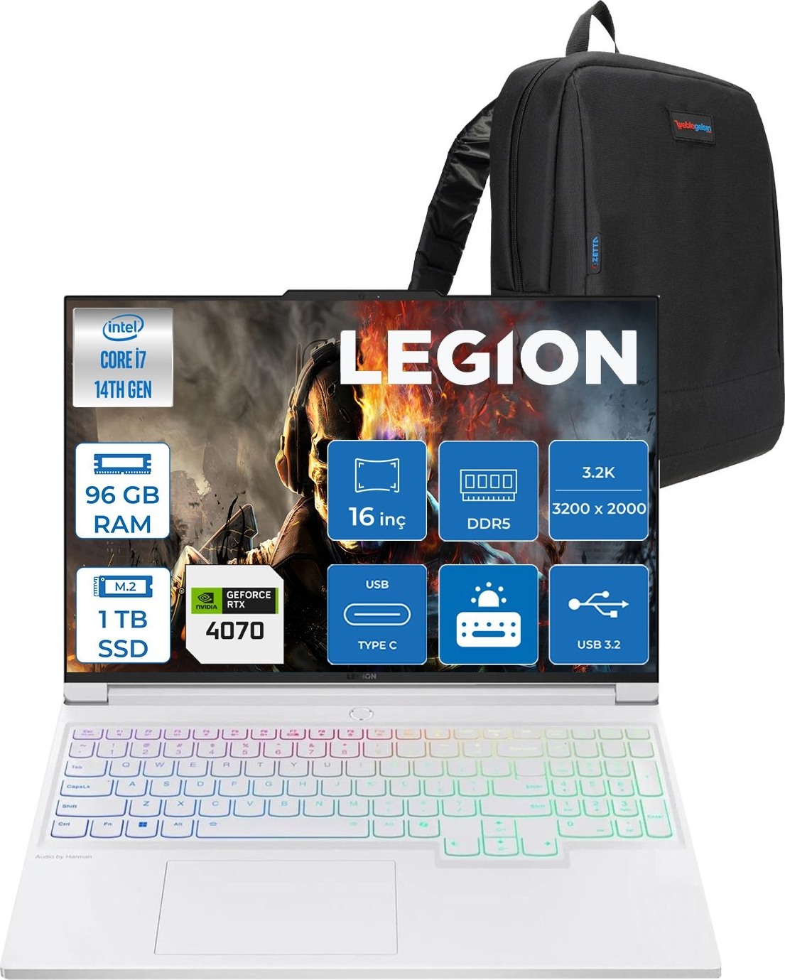 LENOVO Legion 7 16IRX9 DDR5 RTX4070 3.2K 165Hz 83FD005KTRF44 Intel Core i7-14700HX 96 GB RAM 1 TB SSD 16 inç FreeDOS Laptop+Çanta Beyaz