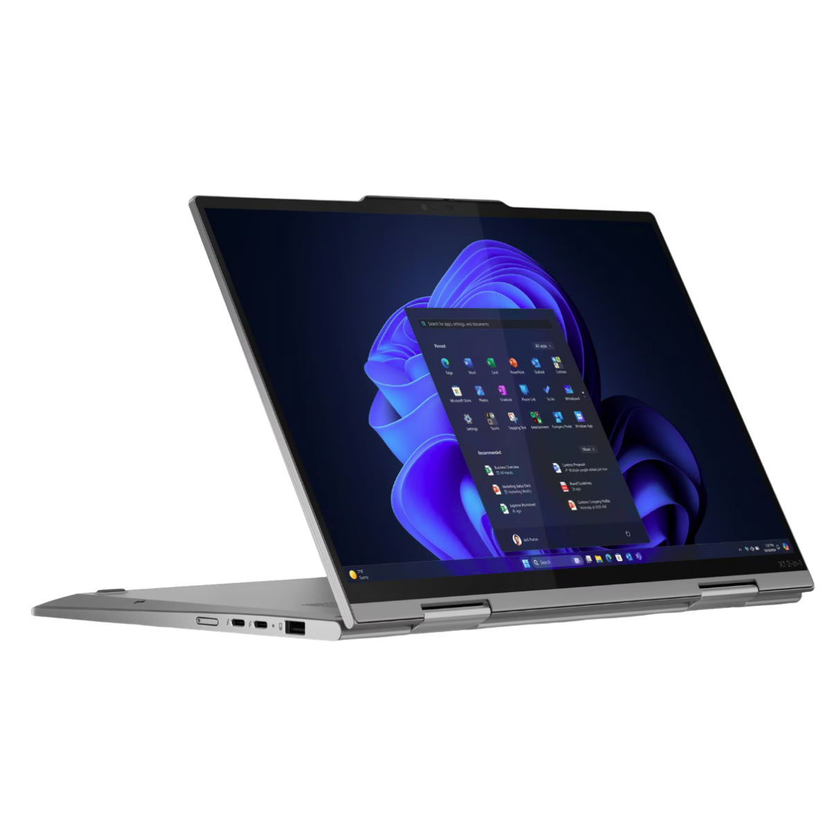 Ekranı açık, Windows 11 gösteren gümüş rengi bir dizüstü bilgisayar.