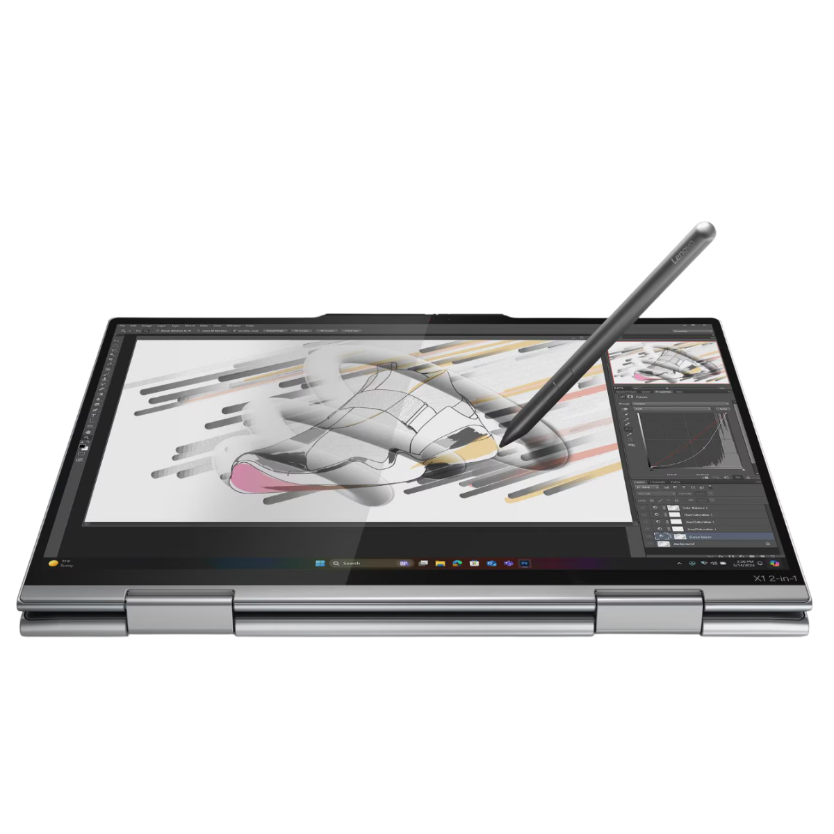Dijital bir taslağı düzenleyen kalemli açık bir Lenovo X1 2'si 1 arada dizüstü bilgisayar.
