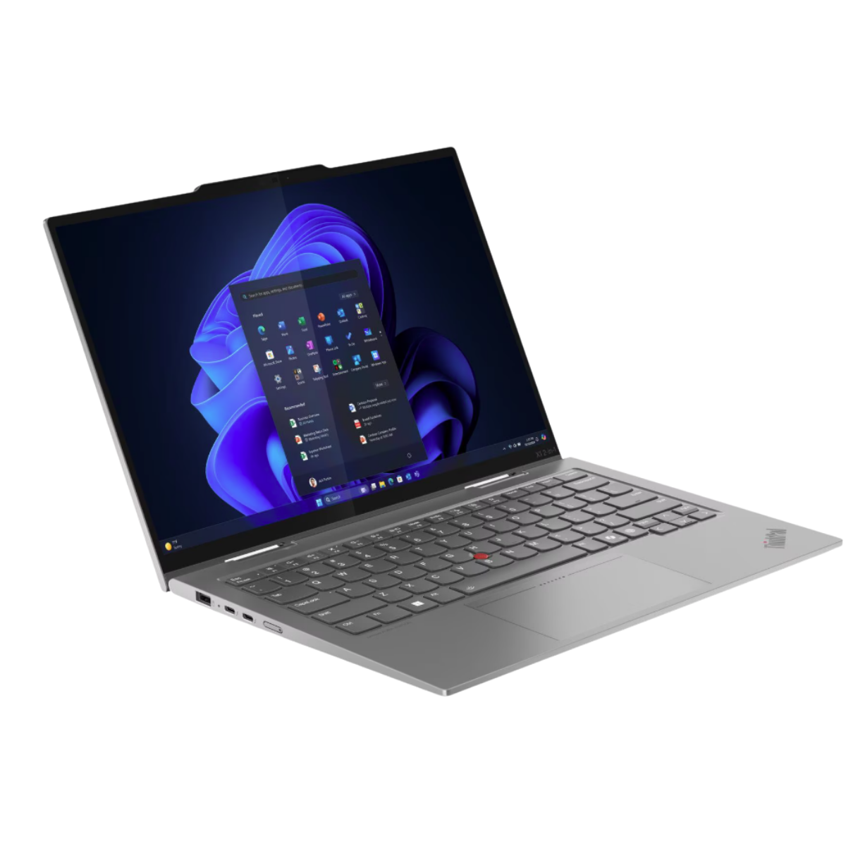 Ekranı açık, Windows 11 başlat menüsünü gösteren gümüş renkli bir dizüstü bilgisayar.