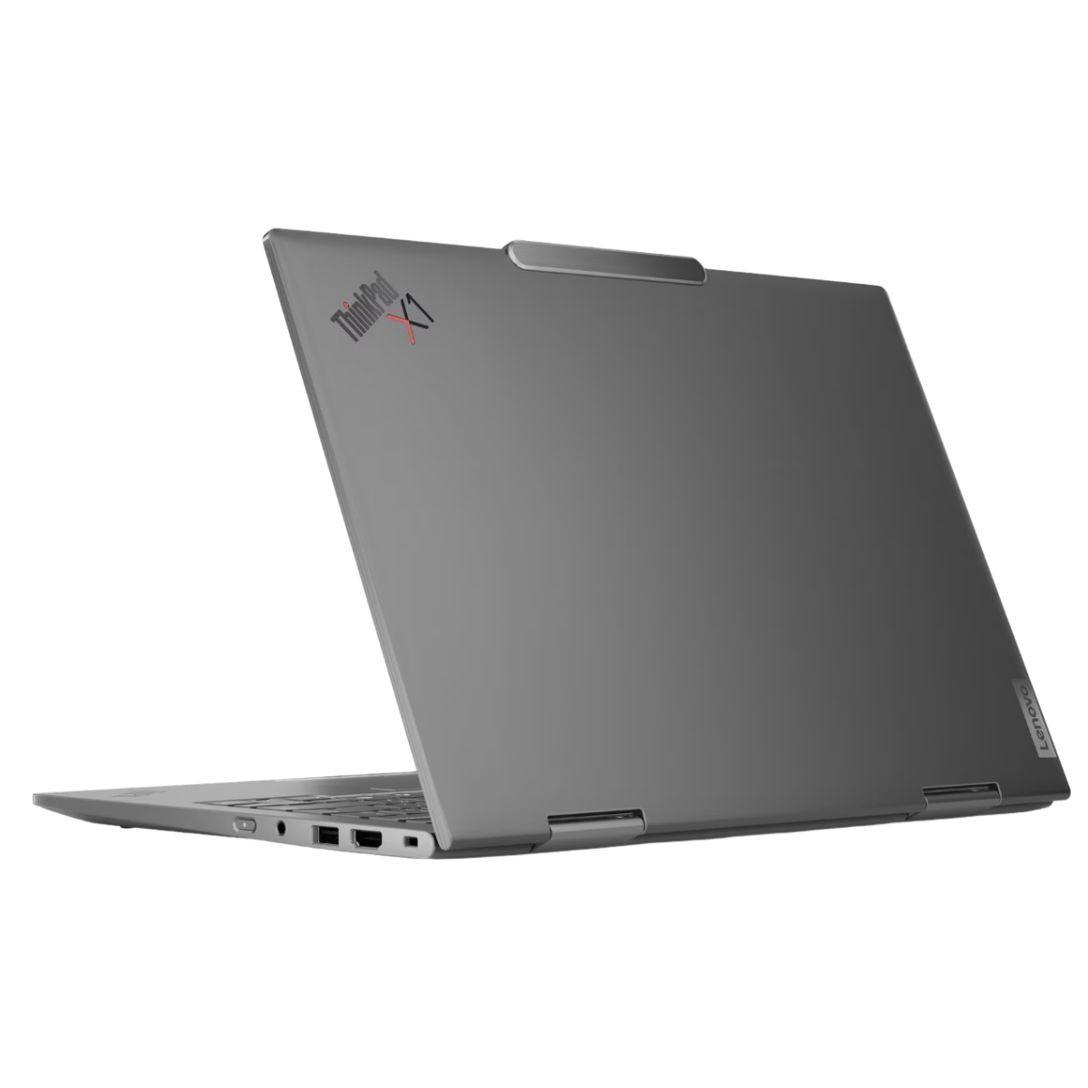 Ekranı açık gri dizüstü bilgisayar, ThinkPad X1 logosu görünür, beyaz arka plan.