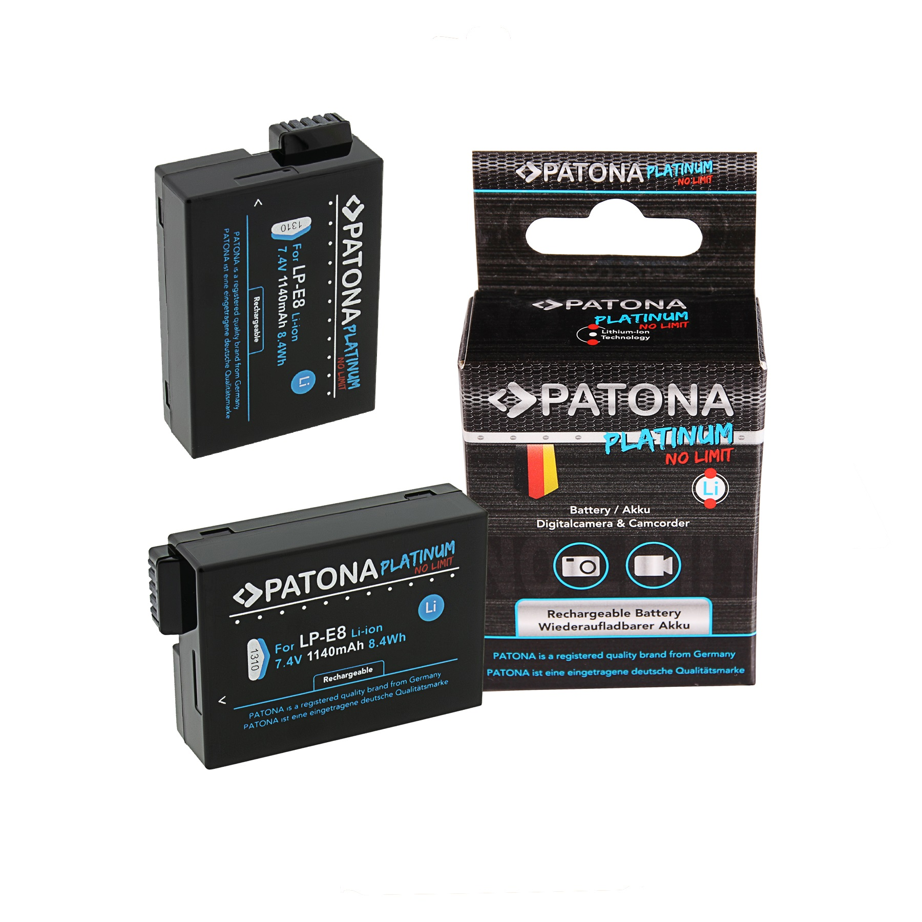 Zwei schwarze Akkus und eine Produktverpackung von PATONA PLATINUM.