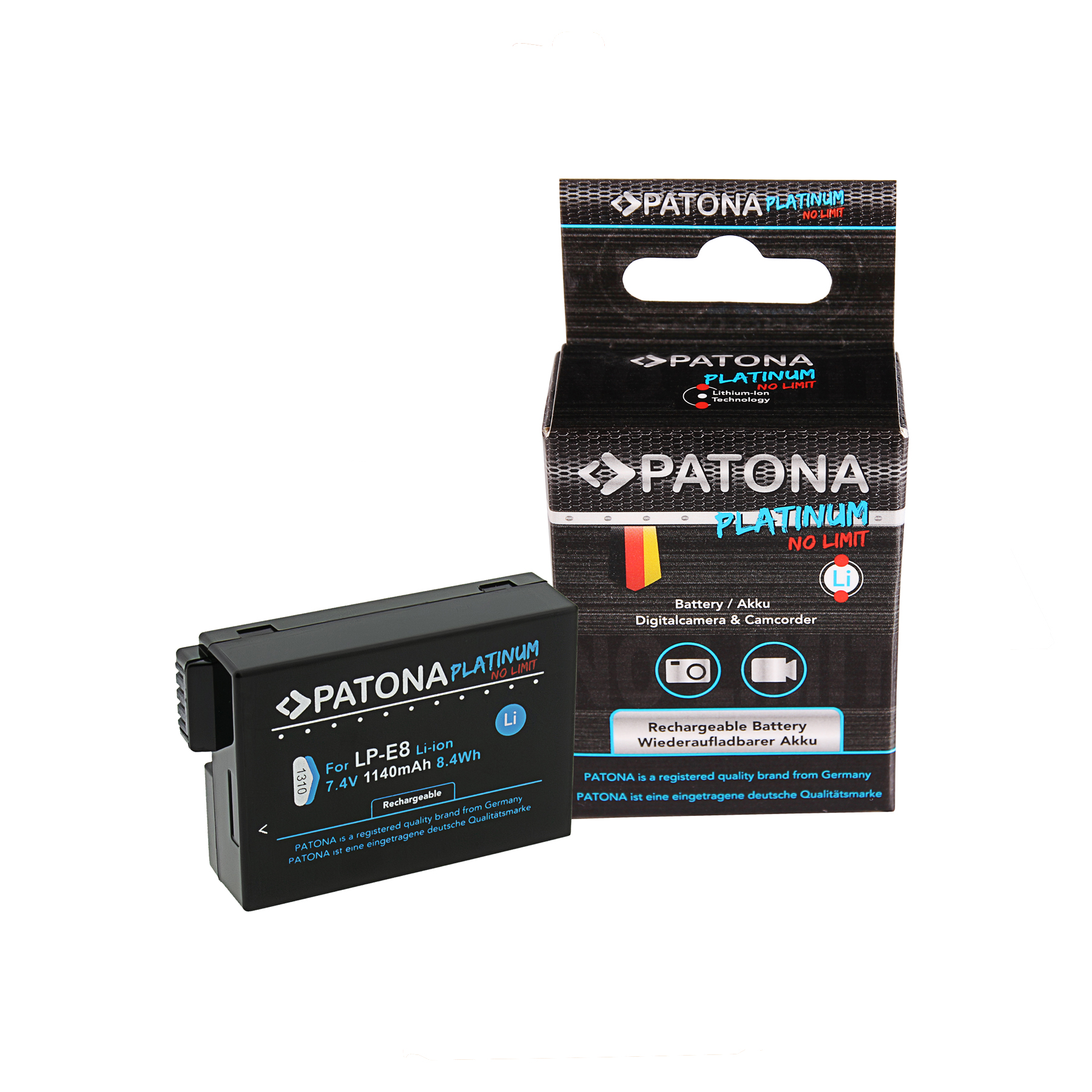 Eine schwarze PATONA Lithium-Ionen-Batterie und ihre Verpackung.