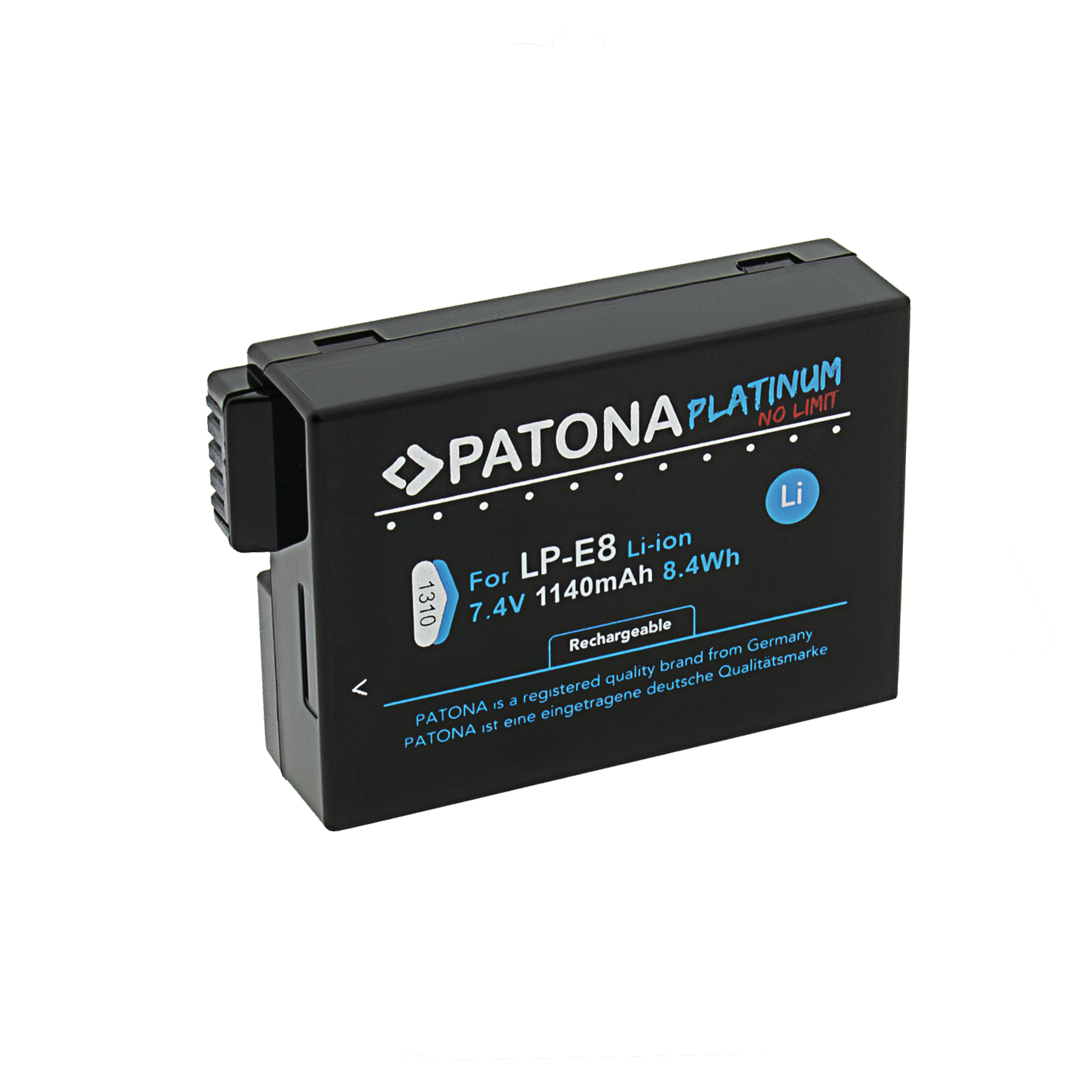 Schwarzer Akku mit der Aufschrift PATONA PLATINUM, für LP-E8 Li-ion.