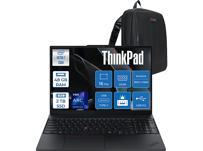 LENOVO ThinkPad E16 Gen 3 DDR5 WUXGA IPS 21SR006RTXF24 Intel Core Ultra 7 255H 48 GB RAM 2 TB SSD 16 inç FreeDOS Laptop+Çanta Siyah
