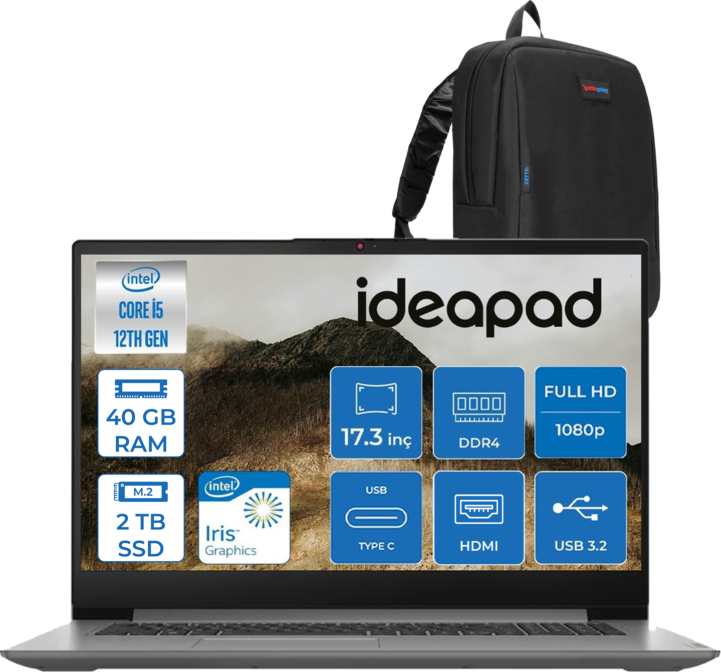 LENOVO IdeaPad 3 17IAU7 IPS FHD 300nits 82RL00CLTXF24 Intel Core i5-1235U 40 GB RAM 2 TB SSD 17,3 inç FreeDOS Laptop+Çanta Gri