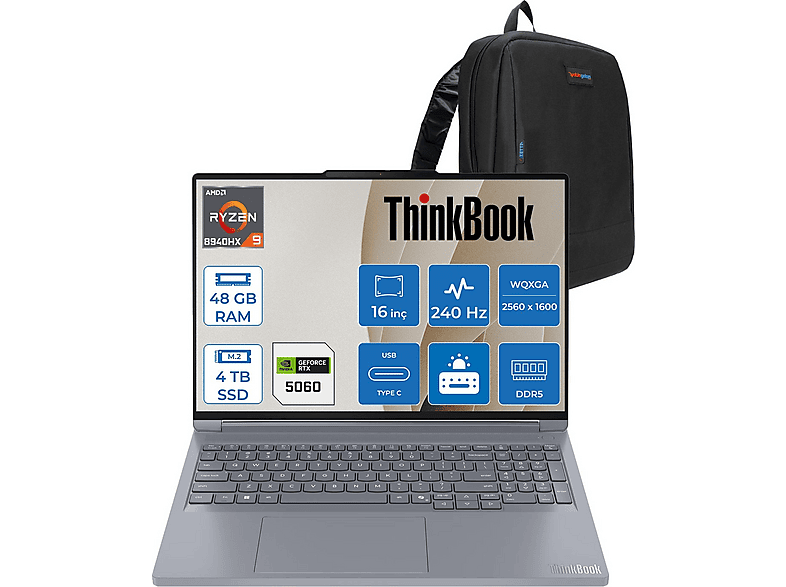 LENOVO ThinkBook 16P G6 ADR 8GB RTX5060 IPS 21U00013TXF20 AMD Ryzen 9 8940HX 48 GB RAM 4 TB SSD 16 inç FreeDOS Laptop+Çanta Gümüş