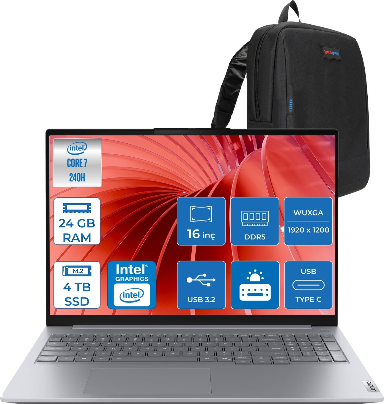 LENOVO ThinkBook 16 G8 DDR5 WUXGA IPS 60Hz 21SH009GTXF08 Intel Core 7 240H 24 GB RAM 4 TB SSD 16 inç FreeDOS Laptop+Çanta Gri