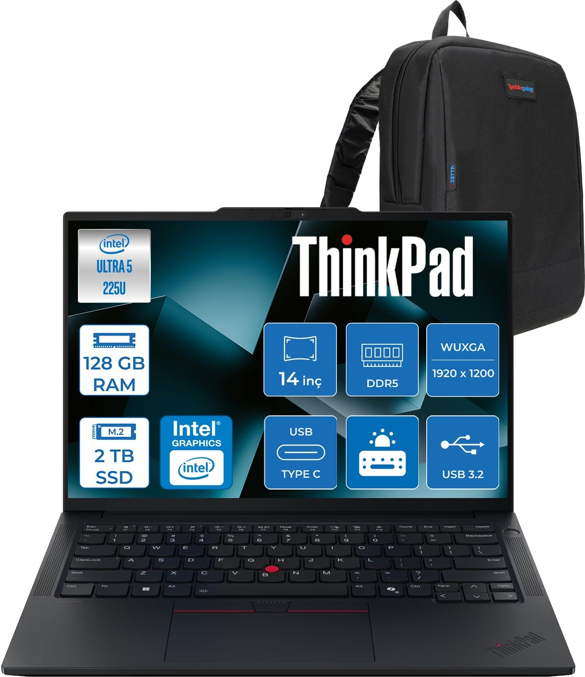 LENOVO ThinkPad E14 Gen 7 DDR5 WUXGA IPS 21SX007DTXF44 Intel Core Ultra 5 225U 128 GB RAM 2 TB SSD 14 inç FreeDOS Laptop+Çanta Siyah