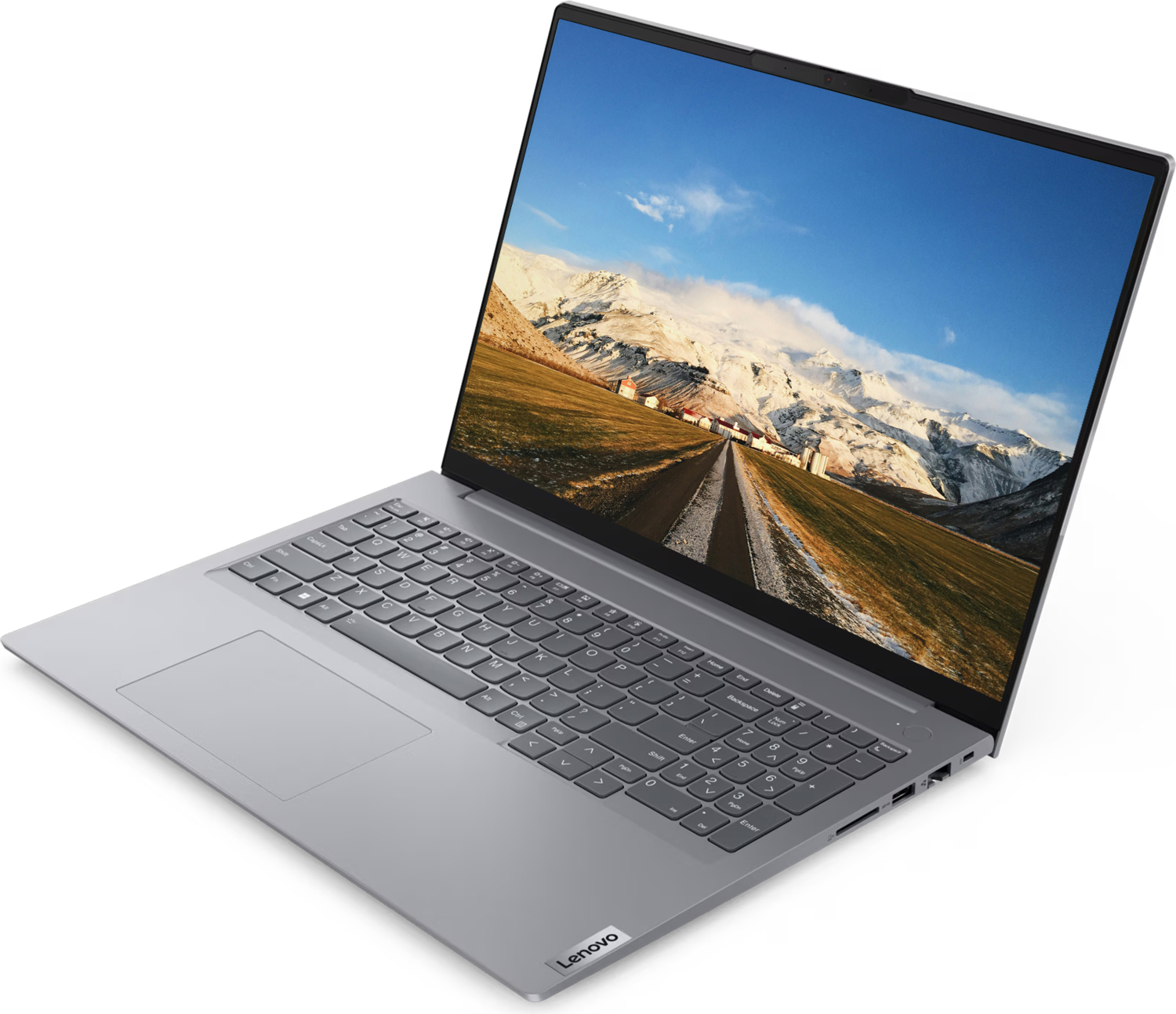 Ekranında dağ manzarası olan gri bir Lenovo dizüstü bilgisayar.